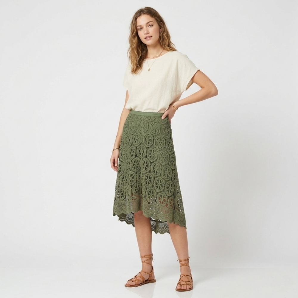 NWOT John Paul Richard Green Crochet Skirt Size M